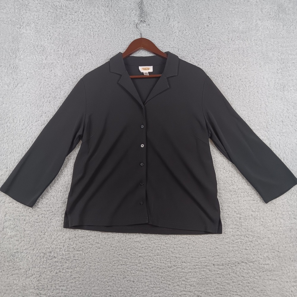 Talbots Button Down Shirt Camp Collar Women M Black Rayon Blend CA 23147